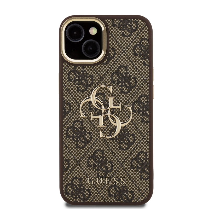 Guess PU 4G fém logó állvány kamera keret hátlap iPhone 15 barna barna