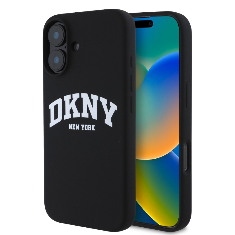 DKNY Liquid Silicone Arch Logo MagSafe hátlapi borító iPhone 16 Plus-hoz Fekete