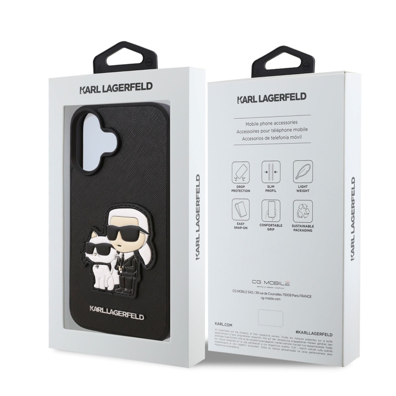 Karl Lagerfeld PU Saffiano Karl és Choupette hátlap iPhone 16 Plus készülékhez Fekete