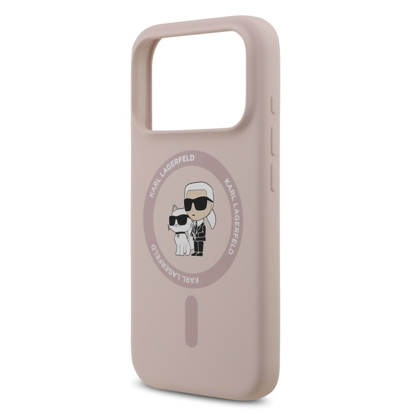 Karl Lagerfeld folyékony szilikon Karl és Choupette MagSafe hátlapi borító iPhone 17 Pro rózsaszínhez