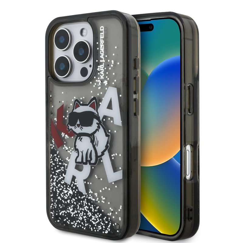 Karl Lagerfeld Folyékony csillámos, szórt csillogású Choupette hátlap iPhone 16 Pro Max-hoz Fekete
