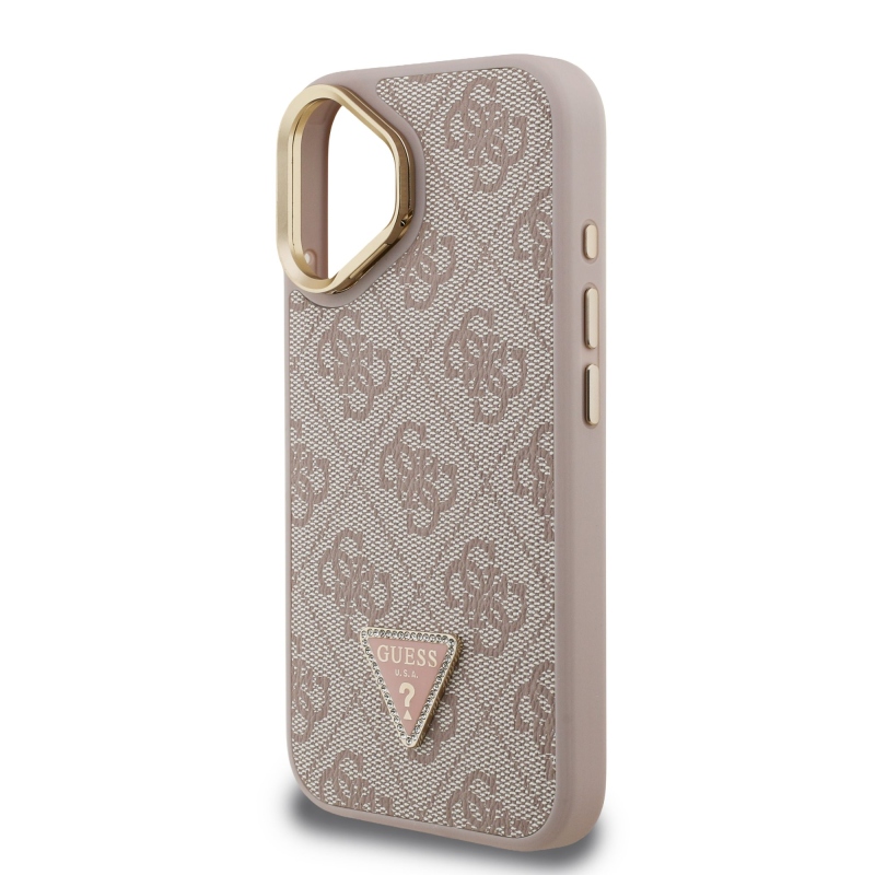 Guess PU 4G Strass háromszög logó állvány kamerakeret MagSafe hátlapi borító iPhone 16 rózsaszínhez