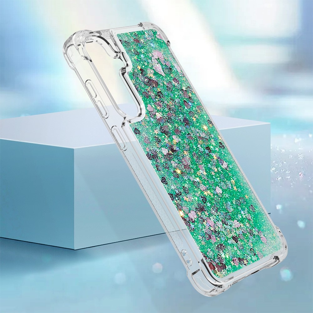 Glitter homokóra zselés tok Samsung Galaxy S24 készülékhez - zöld/szívek