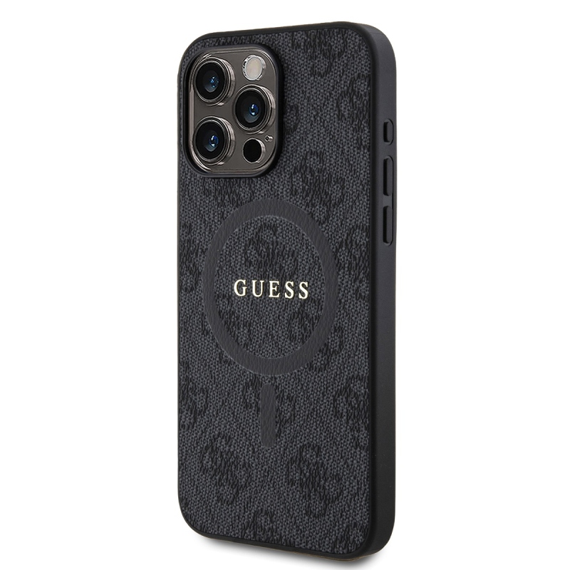 Guess PU bőr 4G színes gyűrűs MagSafe hátlap iPhone 15 Pro Max-hoz Fekete