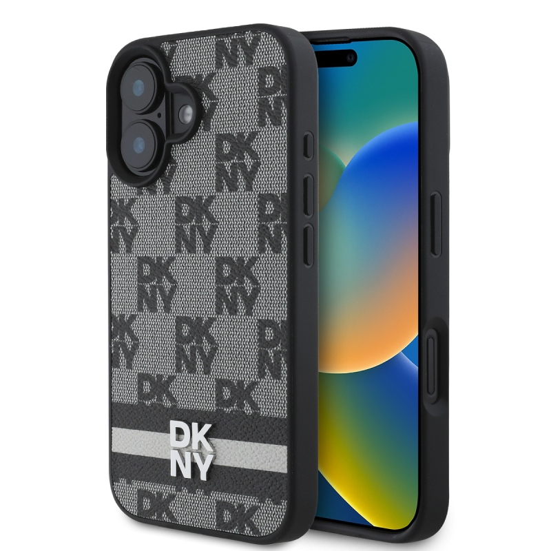 DKNY PU bőrből készült kockás mintás és csíkos hátlapi borító iPhone 16-hoz Fekete