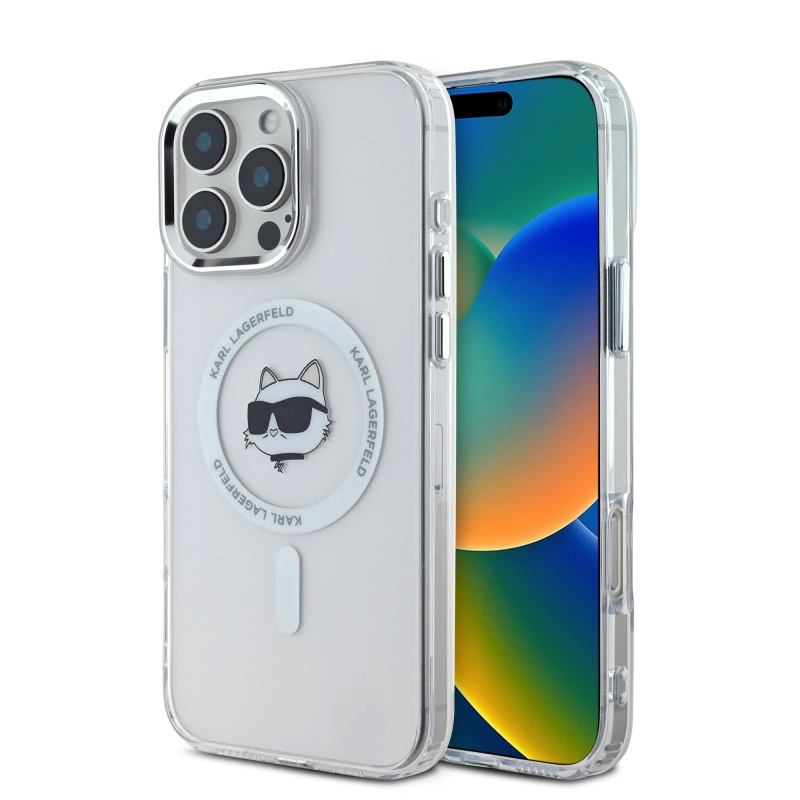 Karl Lagerfeld IML Choupette Head fémkeret MagSafe hátlapi borító iPhone 16 Pro Max-hoz Átlátszó