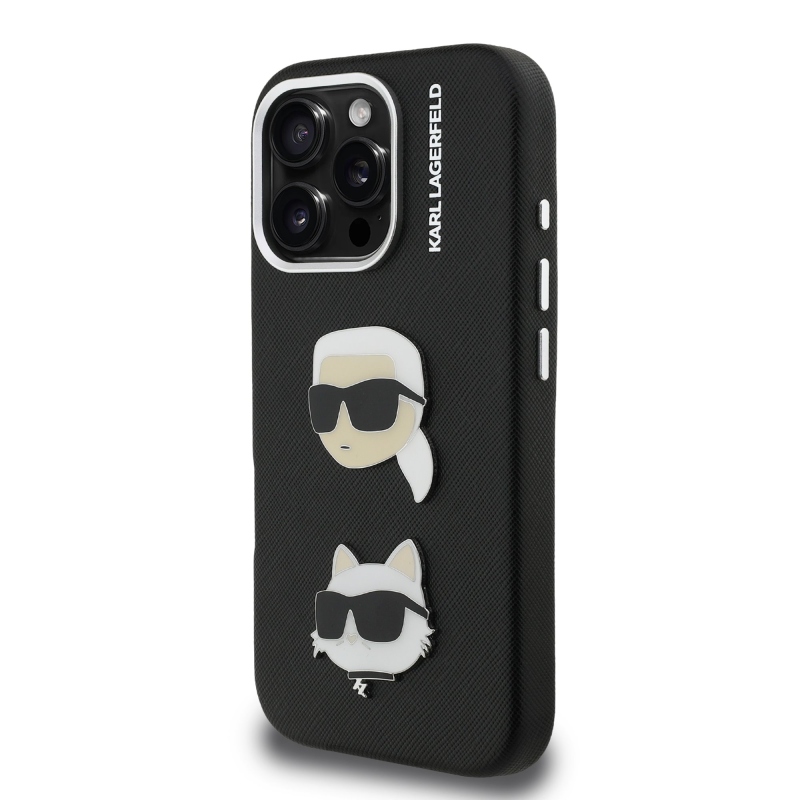 Karl Lagerfeld szemcsés PU K&CH Heads hátlap iPhone 16 Pro Max-hoz Fekete