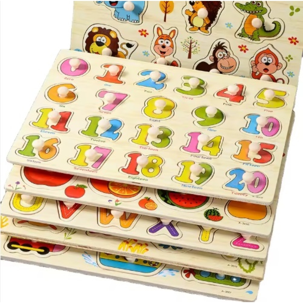 Fából készült gyermek puzzle fogantyúval - zöldségek
