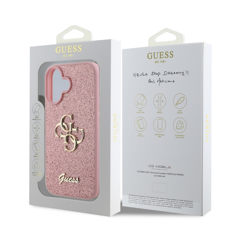 Guess PU Fixed Glitter 4G fém logós hátlap iPhone 16 rózsaszínhez