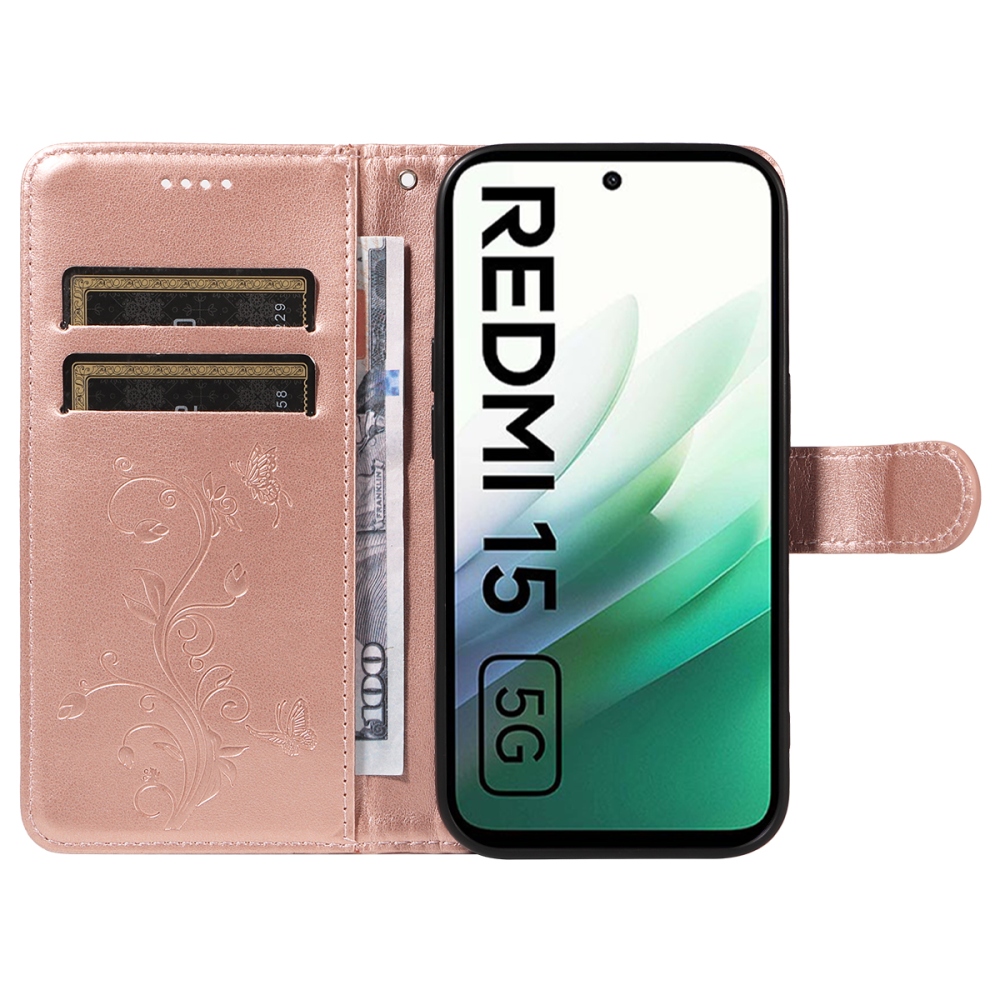 Virágos könyves tok Xiaomi Redmi 15 4G (171mm) - rózsaarany