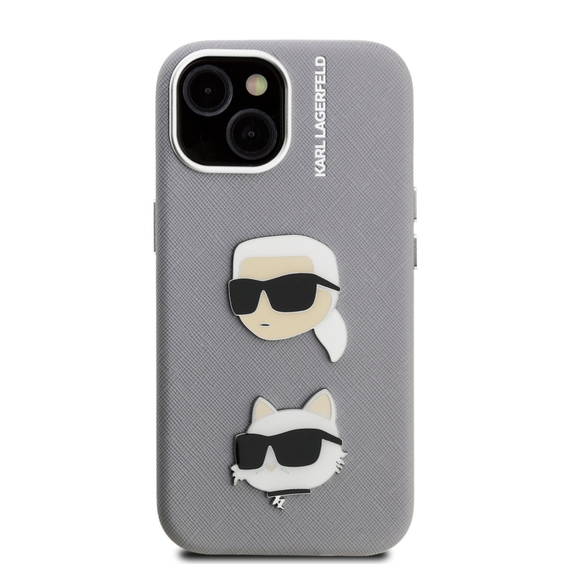 Karl Lagerfeld szemcsés PU K&CH Heads hátlap iPhone 15 szürke készülékhez