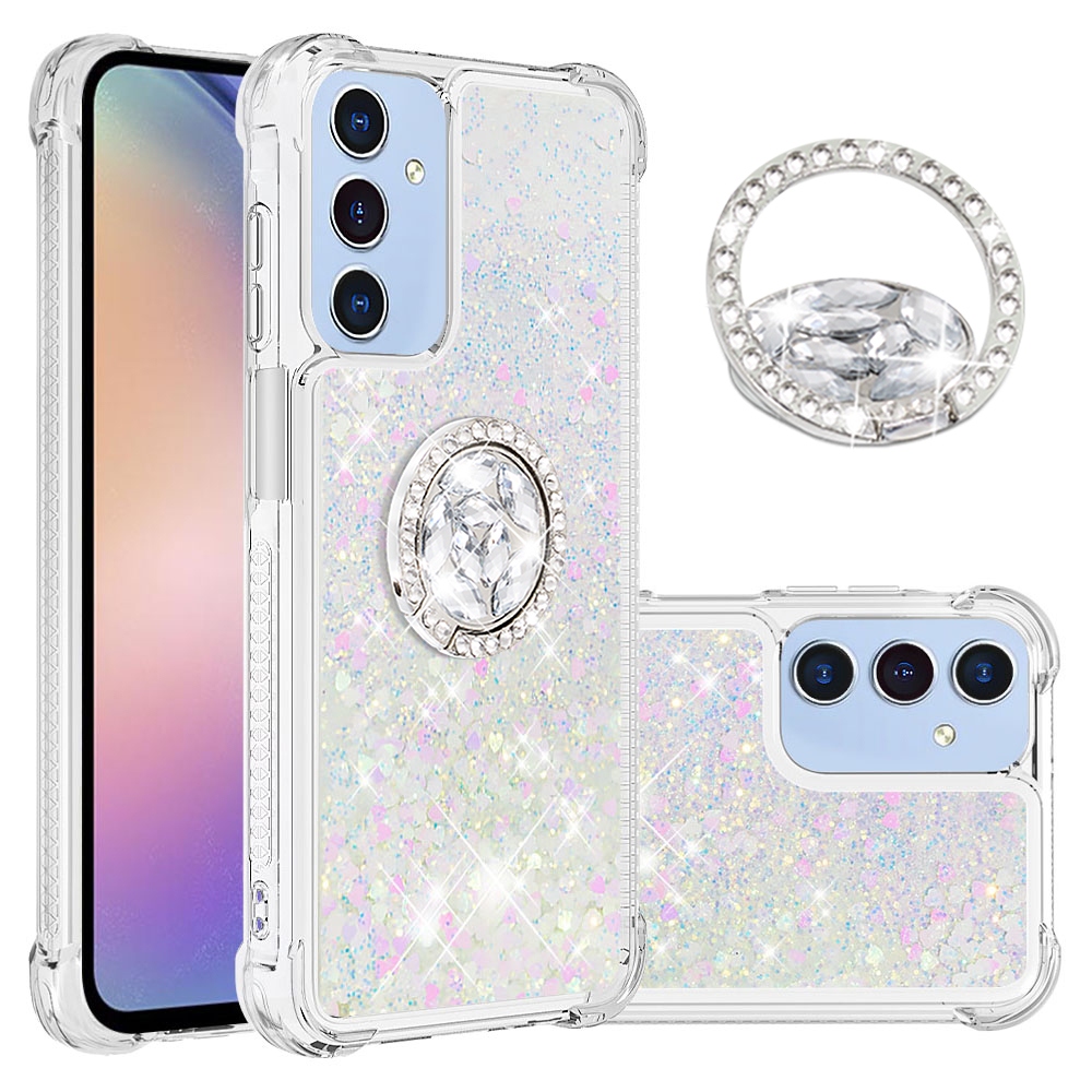 Glitt homokóra zselés tok ujjgyűrűvel Samsung Galaxy A17 5G-hez - rózsaszín/ezüst/szívecske