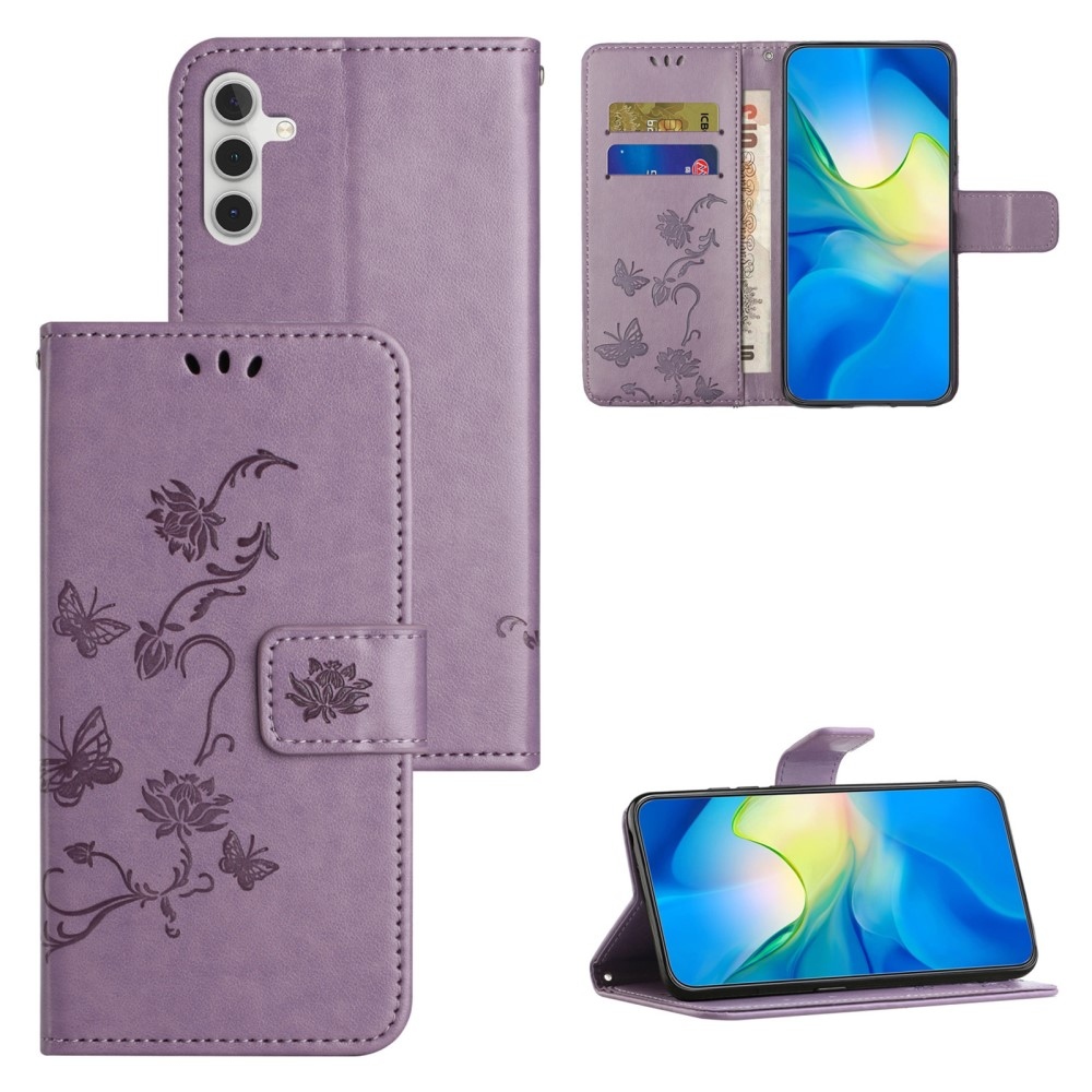 Virágos könyvtáska Samsung Galaxy S24 FE készülékhez - világos lila