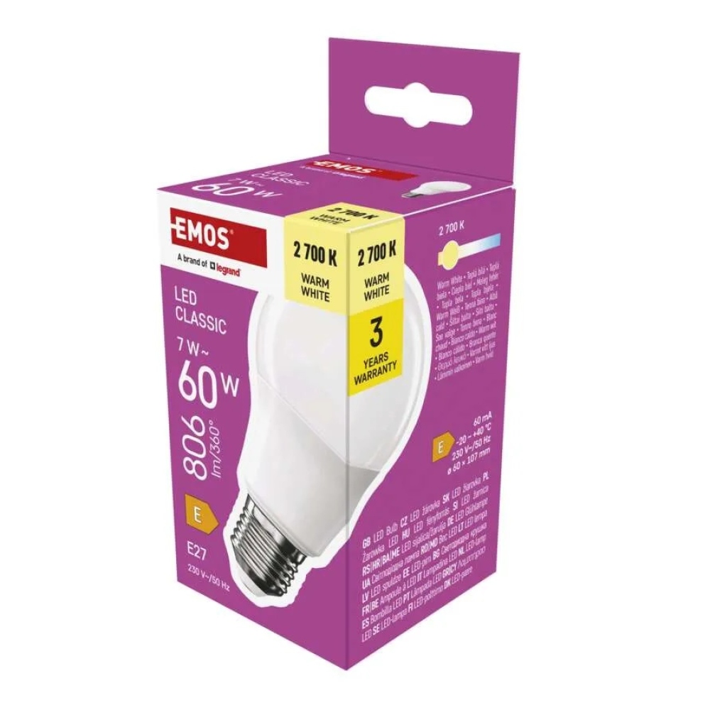 LED izzó Classic A60 / E27 / 7 W (60 W) / 806 lm / meleg fehér
