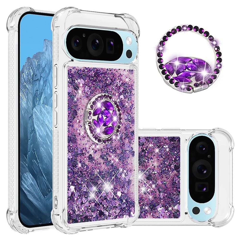 Glitt homokóra zselés tok ujjgyűrűvel a Google Pixel 10 számára - sötét lila/szív