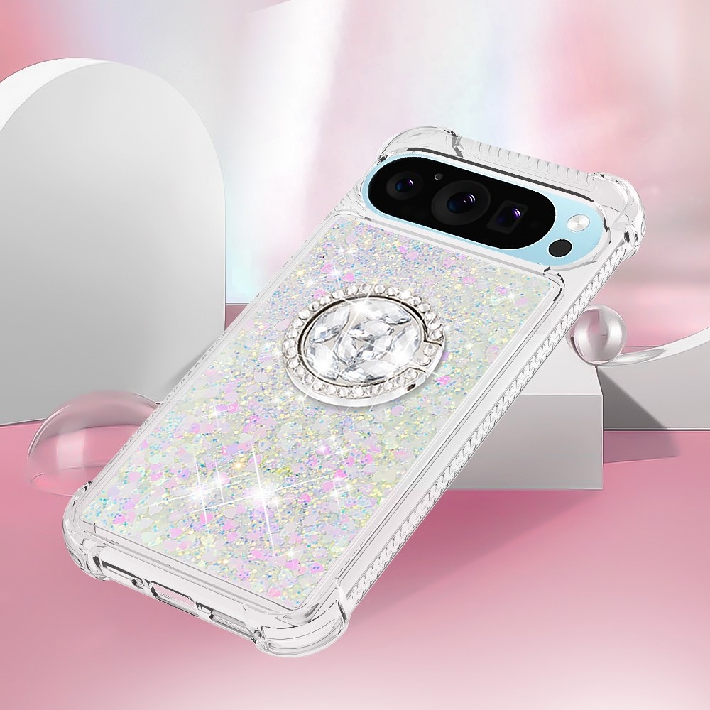 Glitt homokóra zselés tok ujjgyűrűvel a Google Pixel 10 számára - rózsaszín/ezüst/szív
