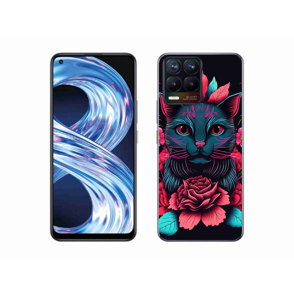 Gél borító mmCase a Realme 8 Pro-hoz - virágok és macska