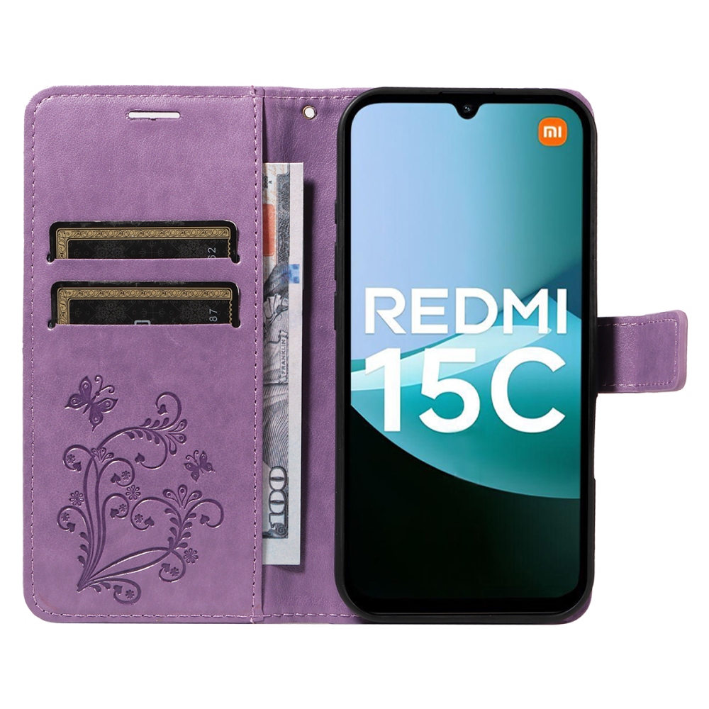 Nagy pillangó könyv tok Xiaomi Redmi 15C 4G/5G (173mm) - lila