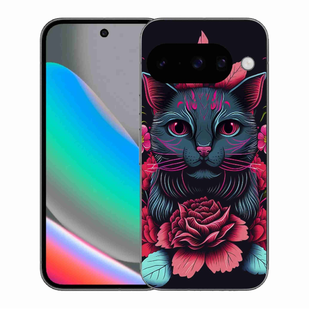 Gél borítás mmCase a Google Pixel 10 számára - virágok és macska