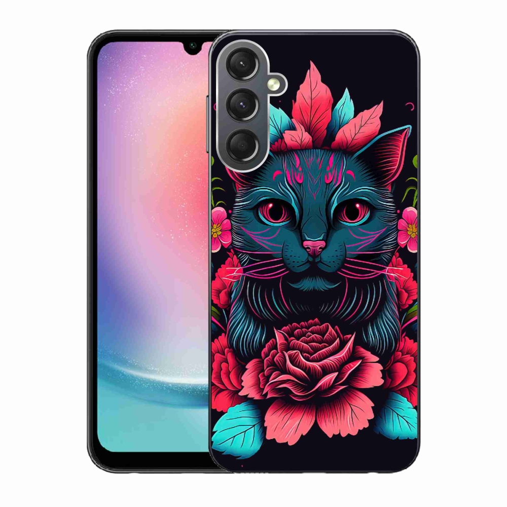 Gél borítás mmCase Samsung Galaxy A24 készülékhez - virágok és macska