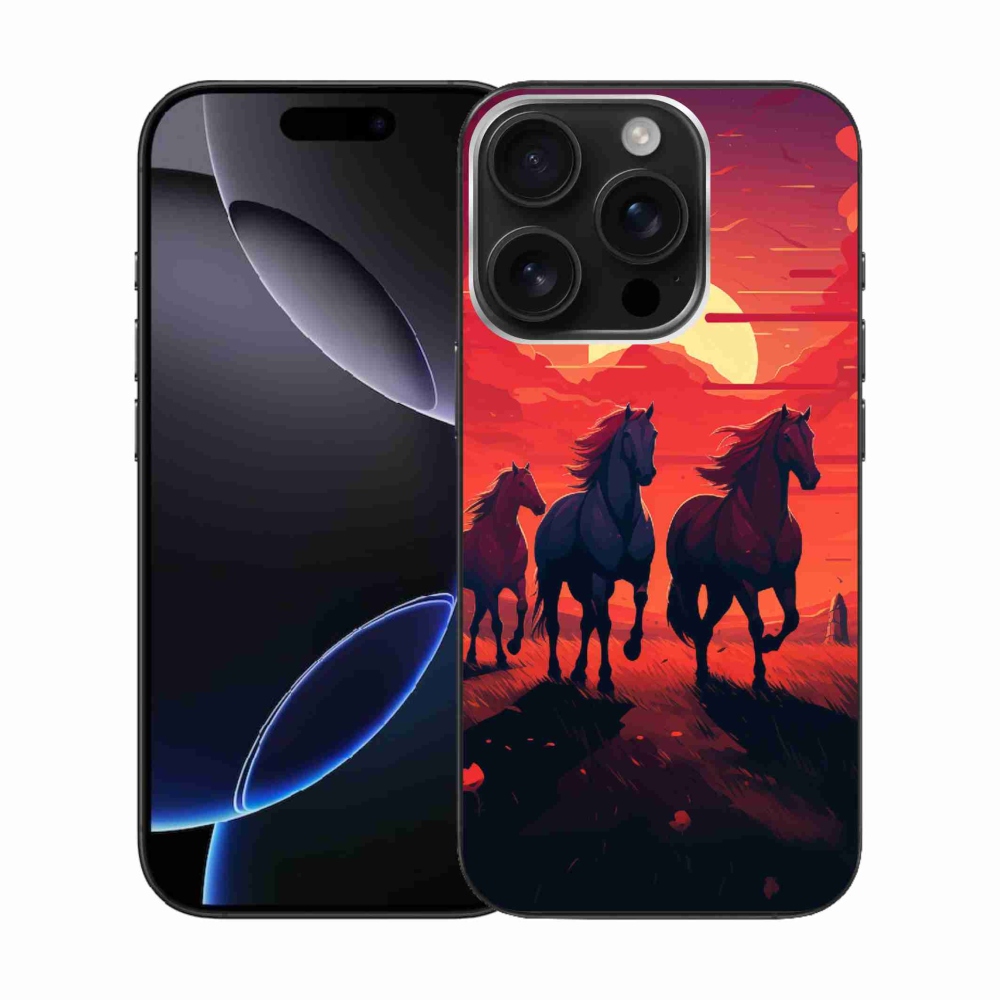 Gél borítás mmCase iPhone 16 Pro készülékhez - lovak és naplemente