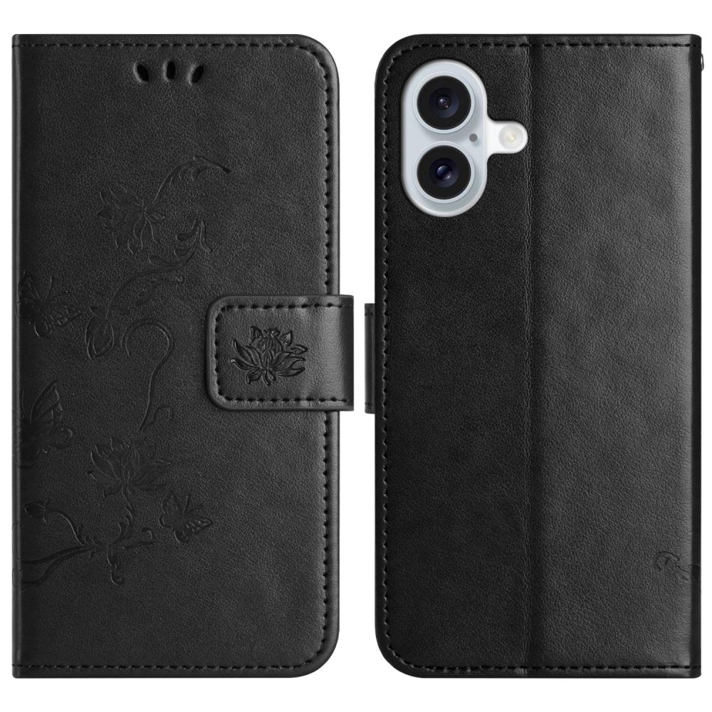 Virágos könyvtáska iPhone 16 Plus készülékhez - fekete
