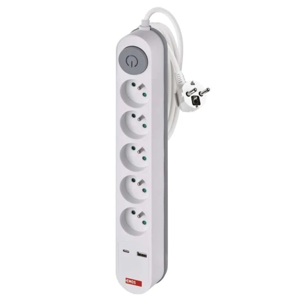 Hosszabbító kábel 3 m / 5 aljzat / kapcsolóval / fehér / 1×USB-A + 1×USB-C / 1,5 mm2