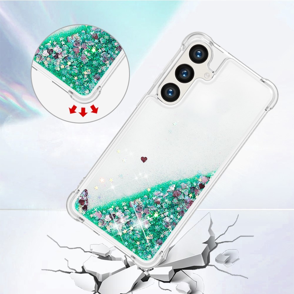 Glitter homokóra zselés tok Samsung Galaxy S24 készülékhez - zöld/szívek
