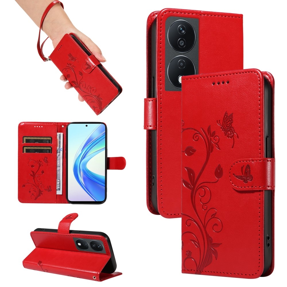 Virágok könyvtáska a Honor X7b/Honor 90 Smart-hoz - piros