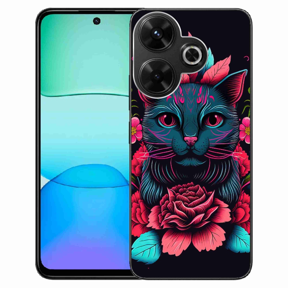 Gél borítás mmCase a Xiaomi Redmi 13 4G/Poco M6 4G - virágok és macska