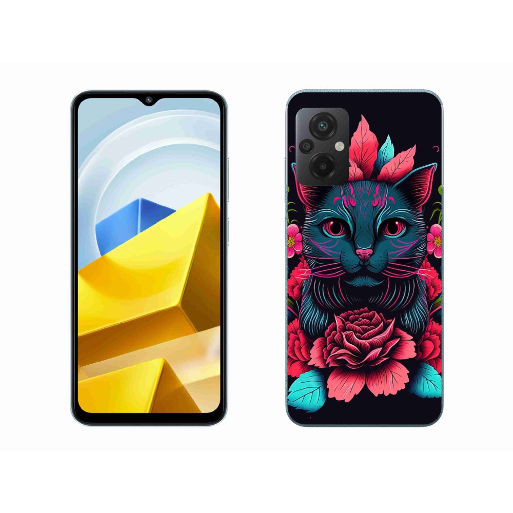 Gél borító mmCase a Xiaomi Poco M5 4G-hez - virágok és macska