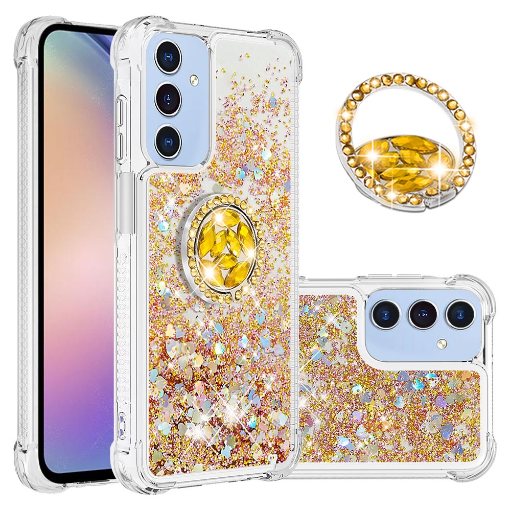 Glitt homokóra zselés tok ujjgyűrűvel Samsung Galaxy A17 5G-hez - arany/szívecske