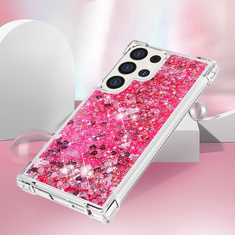 Csillogó homokóra zselés tok Samsung Galaxy S24 Ultra készülékhez - rózsaszín/szív