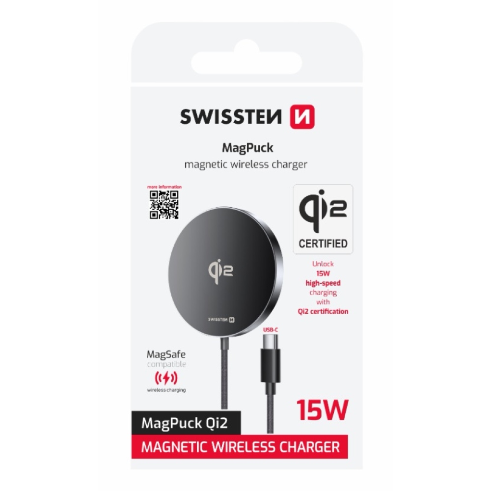 Swissten MagPuck Qi2 1,5 M vezeték nélküli töltő (MagSafe kompatibilis)