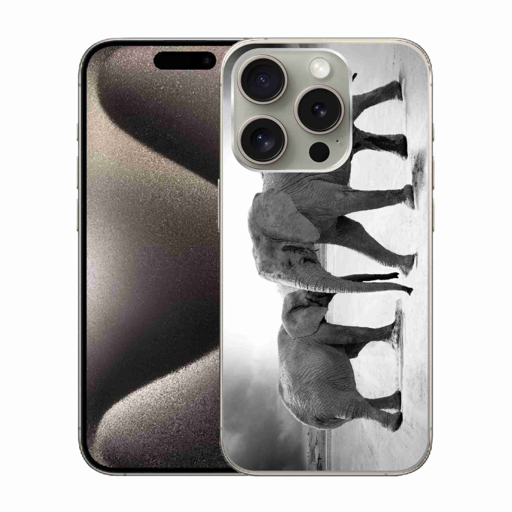 Zselés borítás mmCase iPhone 15 Pro készülékhez - fekete és fehér elefántok