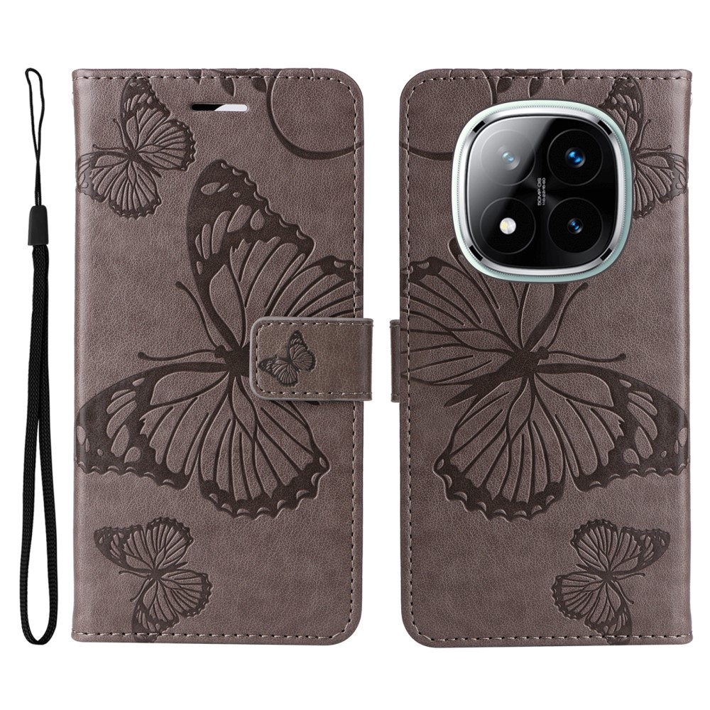 Nagy pillangó könyv tok a Xiaomi Redmi Note 14 Pro 5G/Poco X7 5G/Note 14 Pro+ 5G számára - szürke