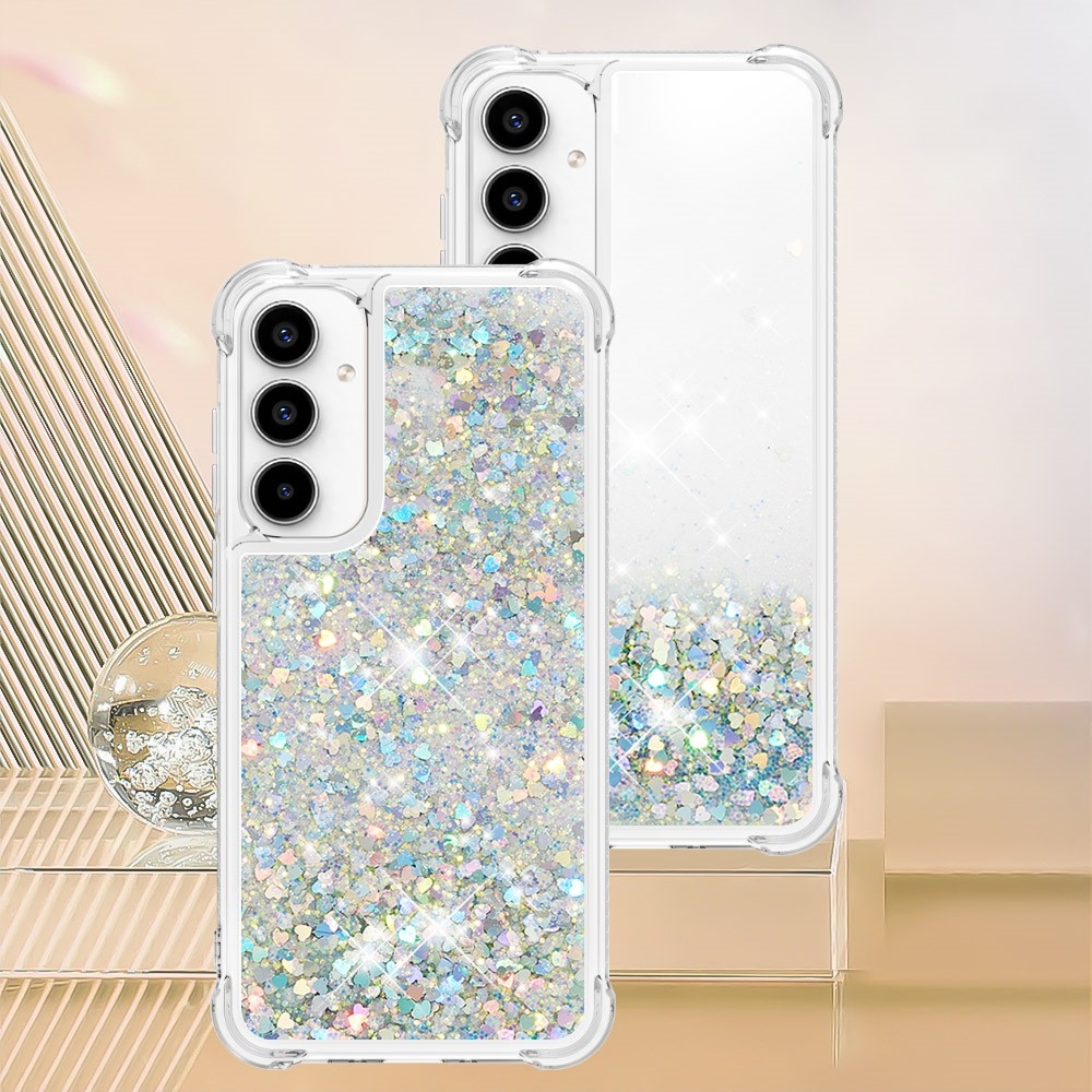 Csillogó zselés homokóra tok Samsung Galaxy A35 5G - ezüst/szív