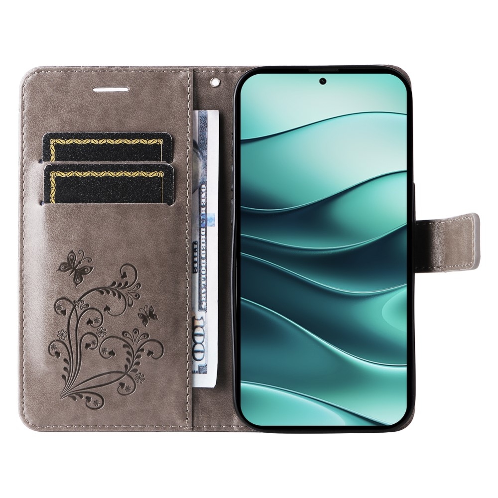 Nagy pillangó könyv tok a Xiaomi Redmi Note 14 5G-hez - szürke