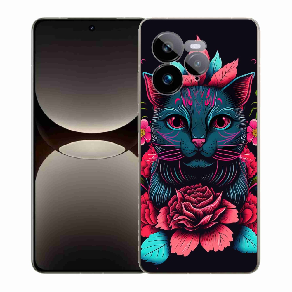 Gél borítás mmCase a Realme GT 7 Pro 5G számára - virágok és macska