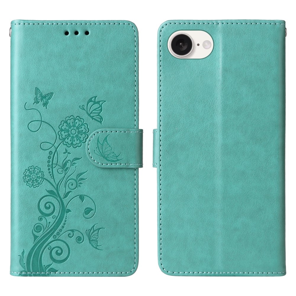 Virágos könyvtáska iPhone 16e készülékhez - teal színű