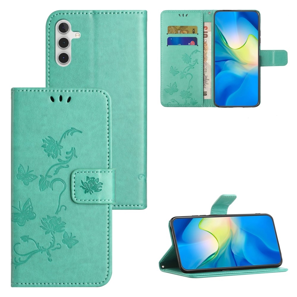 Virágos könyvtáska Samsung Galaxy S24 FE készülékhez - kékeszöld színű