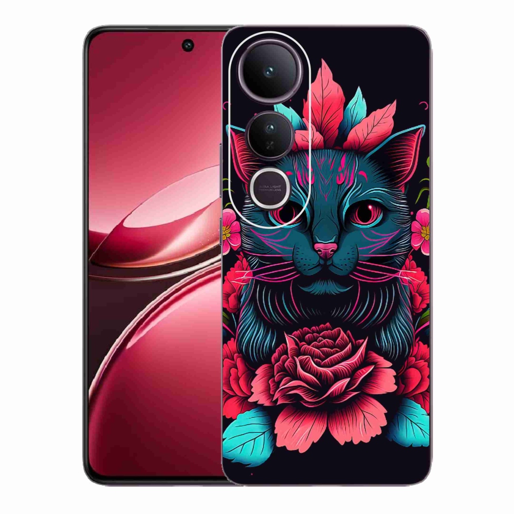 Gél borító mmCase a Vivo V50 Lite 4G/5G készülékhez - virágok és macska