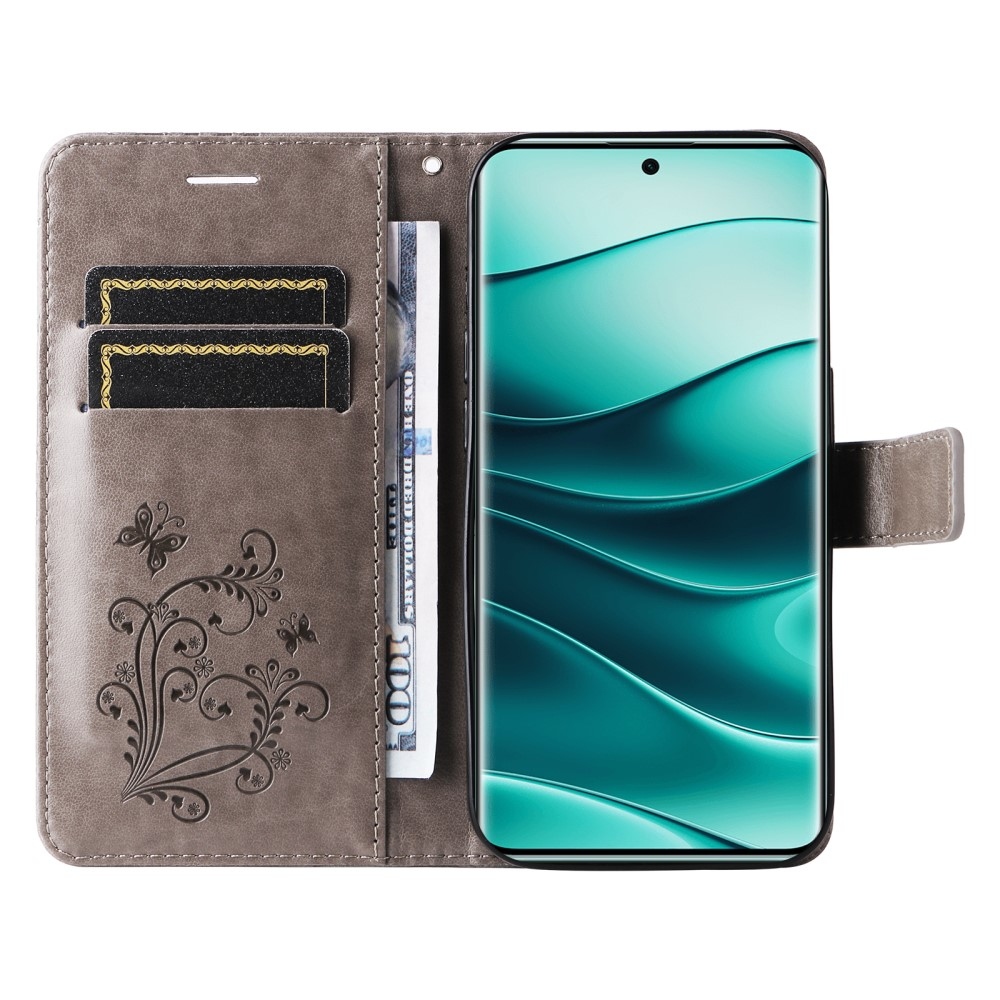 Nagy pillangó könyv tok a Xiaomi Redmi Note 14 Pro 5G/Poco X7 5G/Note 14 Pro+ 5G számára - szürke