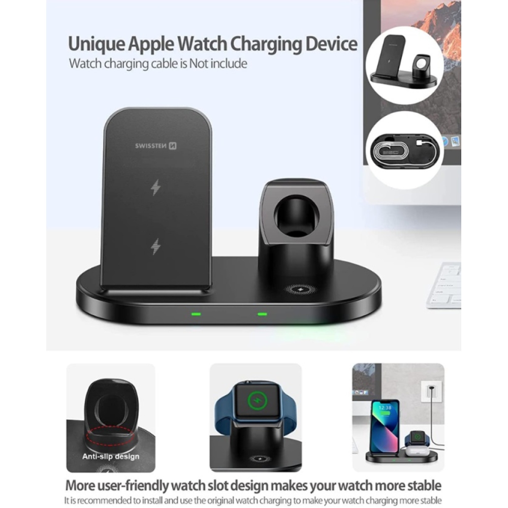 Swissten 3in1 állomás vezeték nélküli töltő az Apple és a Samsung számára - fekete színű