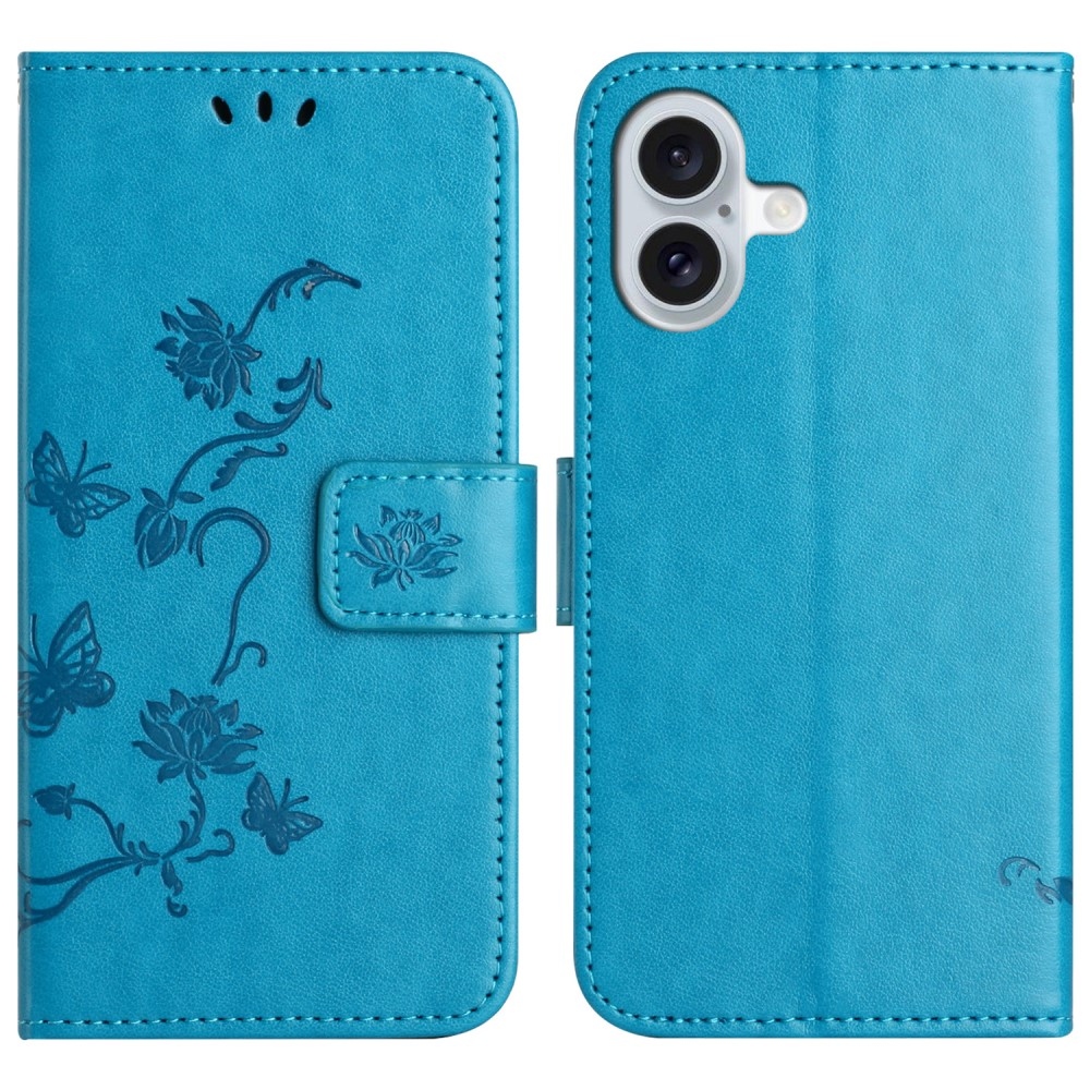 Virágos könyvtáska iPhone 16 Plus készülékhez - kék