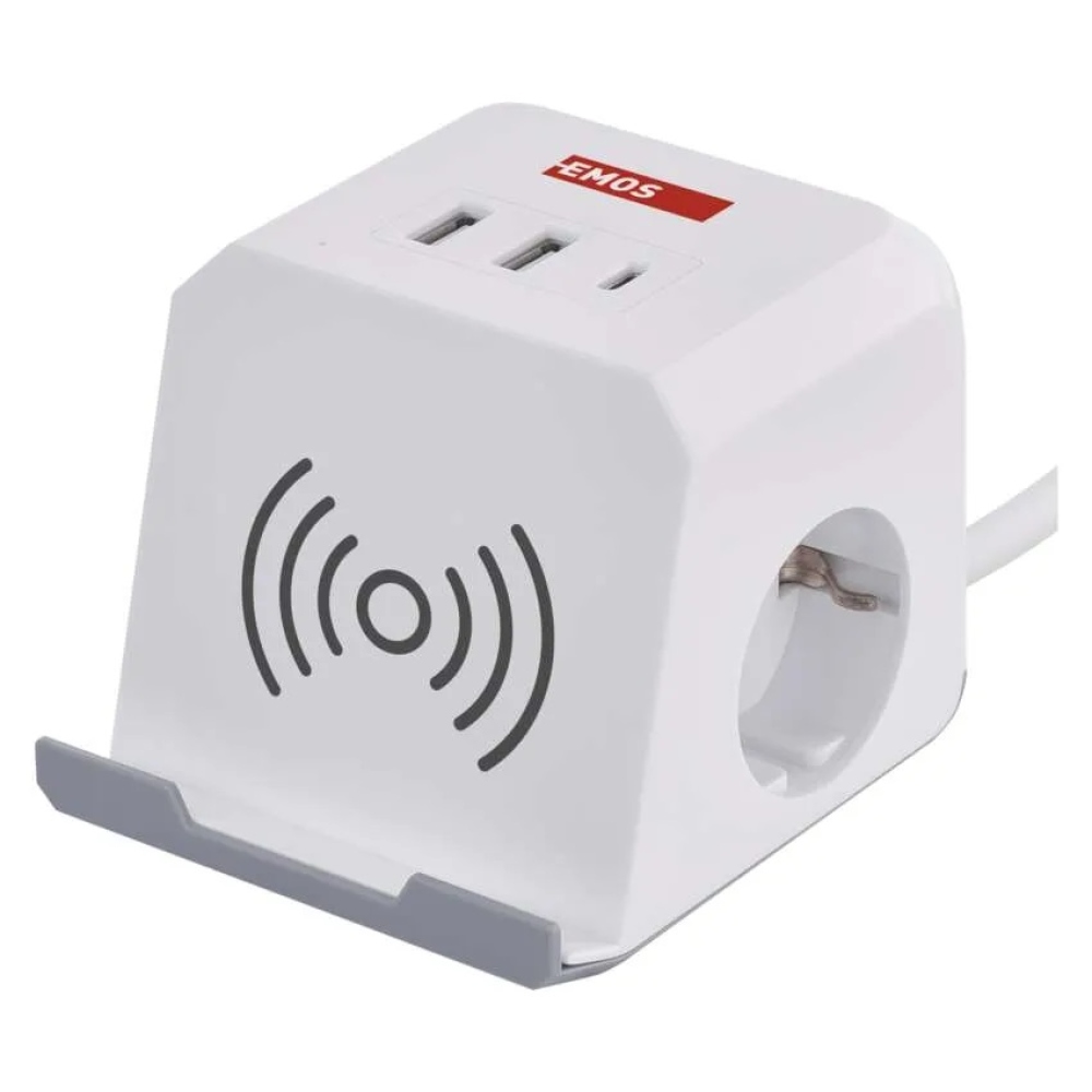Hosszabbító kábel - kocka 2 m / 2 aljzat / fehér / 2×USB-A+1×USB-C+Qi / 1,5 mm2