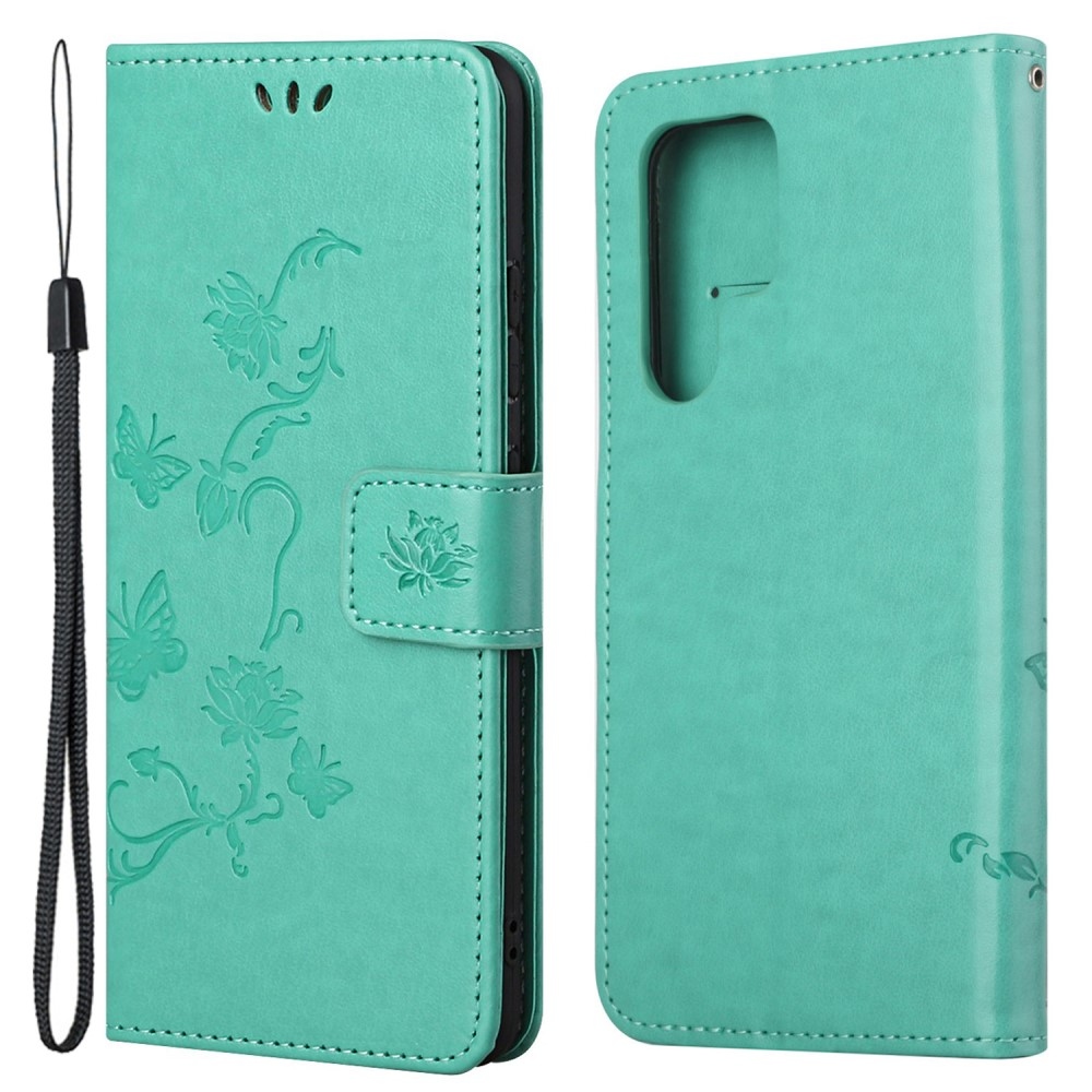 Virágos könyvtáska Samsung Galaxy S24 Ultra készülékhez - teal színű