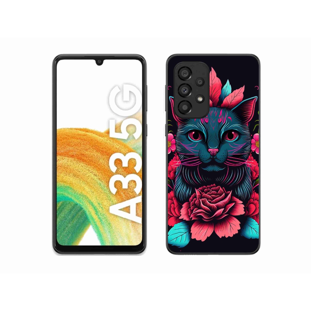 Gél borítás mmCase Samsung Galaxy A33 5G - virágok és macska