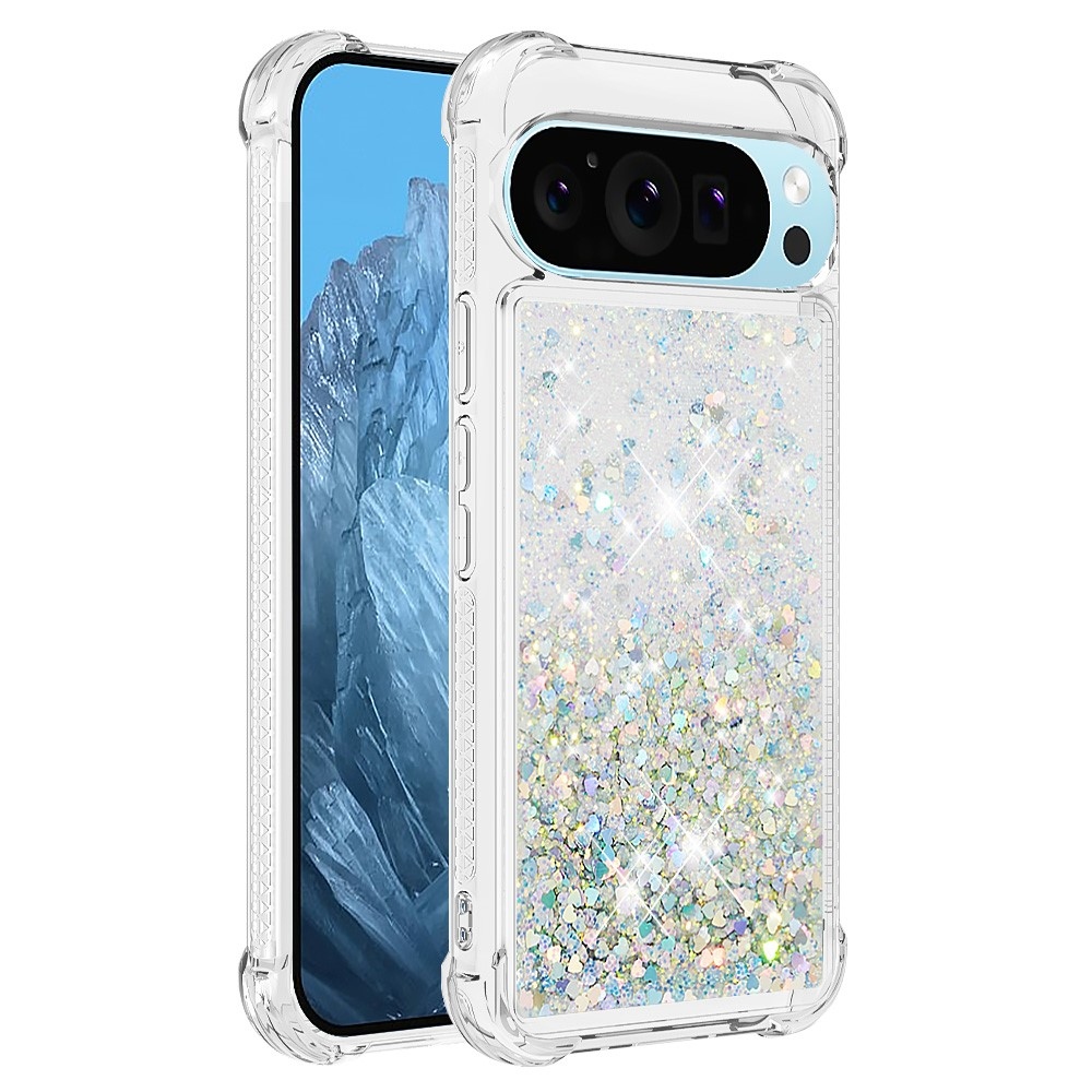 Csillogó homokóra zselés tok Google Pixel 10 Pro/Pixel 10 készülékhez - ezüst/szív