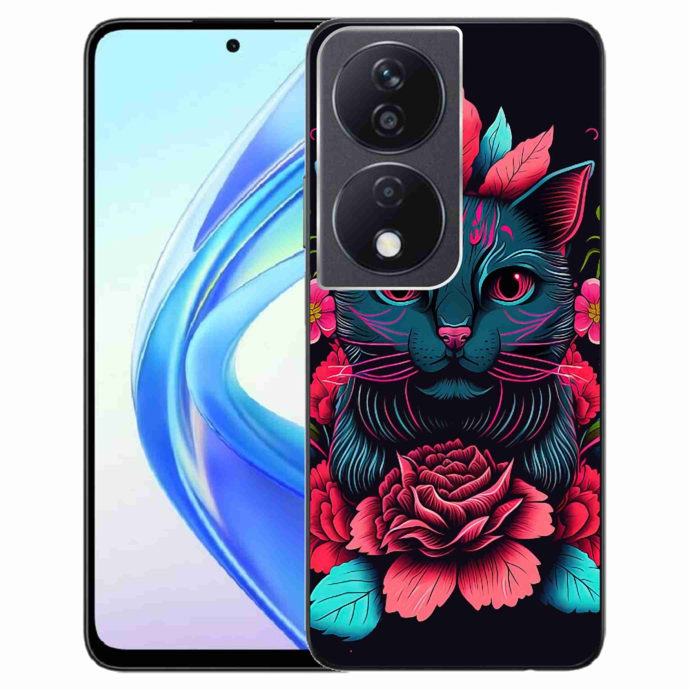 Zselés borító mmCase a Honor X7b/Honor 90 Smart készülékhez - virágok és macska